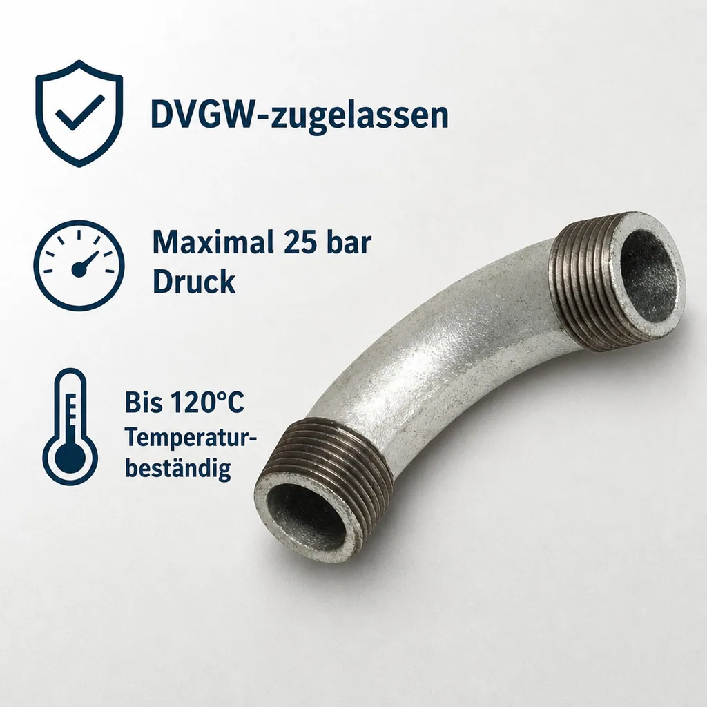 Gewindefitting Temperguss, Bogen 90 Grad, 1 1/4 Zoll, verzinkt
