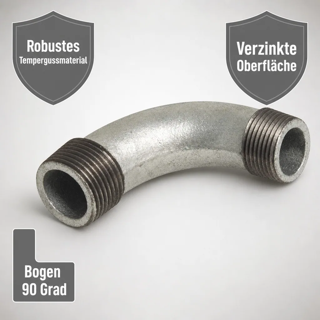 Gewindefitting Temperguss, Bogen 90 Grad, 1 1/4 Zoll, verzinkt