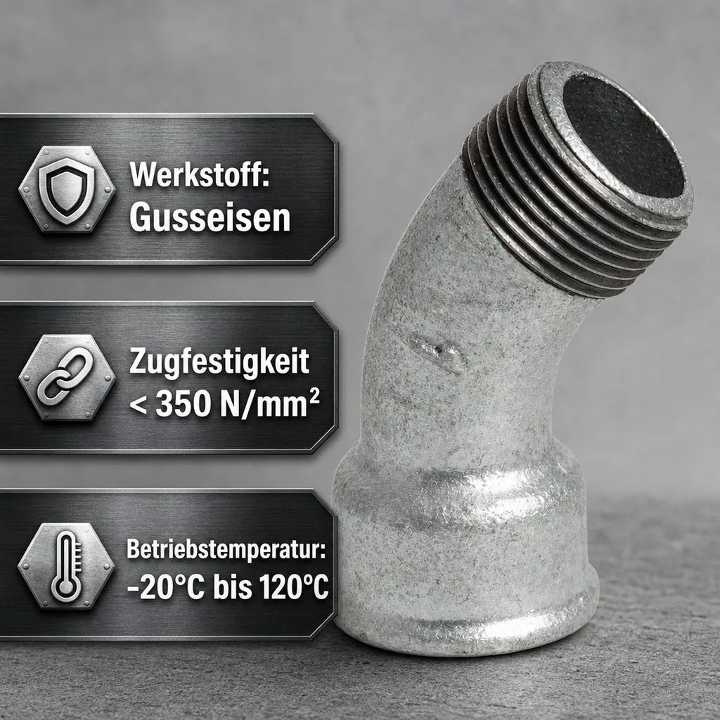 Gewindefitting Temperguss Bogen 45° 3/4" IG x 3/4" AG