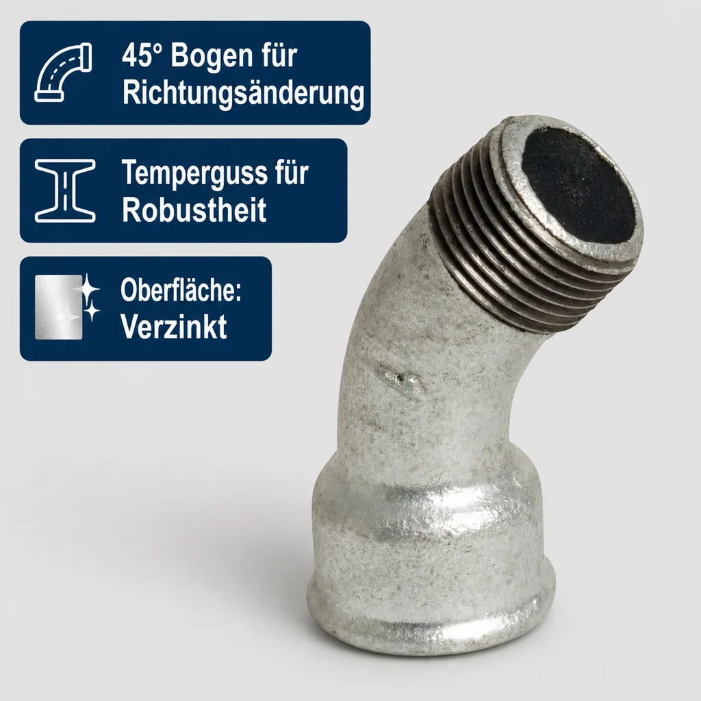 Gewindefitting Temperguss Bogen 45° 3/4" IG x 3/4" AG