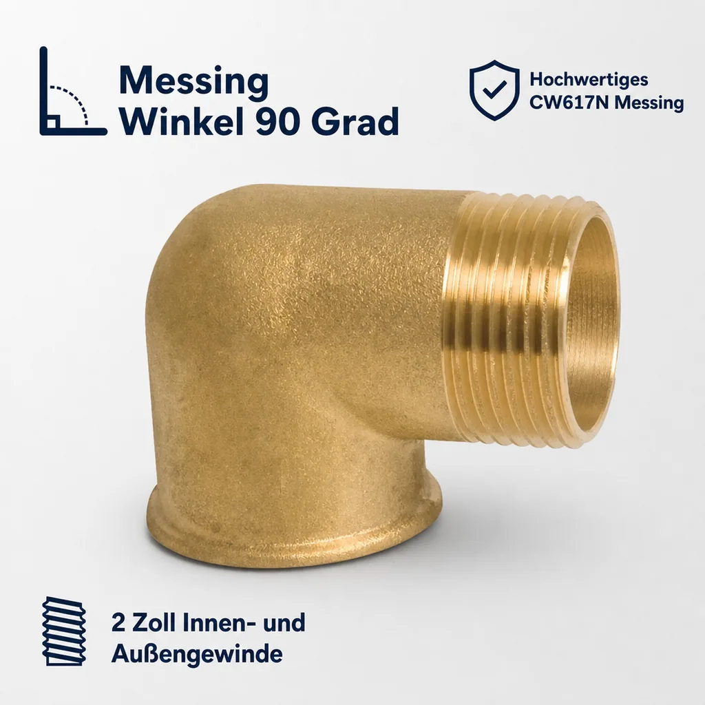 Messing Winkel 90 Grad, Gewindefitting, 2 Zoll IG AG