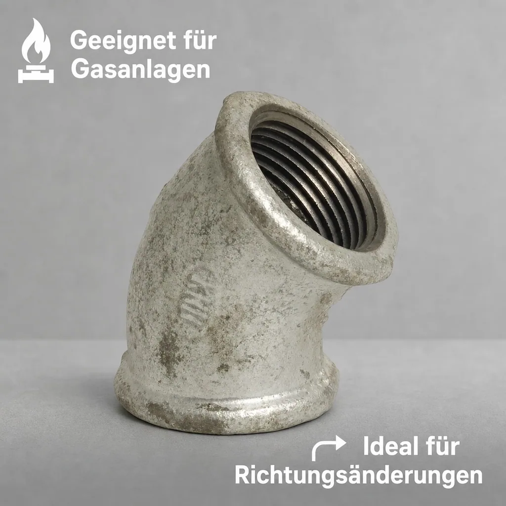 Tempergussfitting, Gewindefitting, Winkel 45°, 1 1/4" IG x 1 1/4" IG