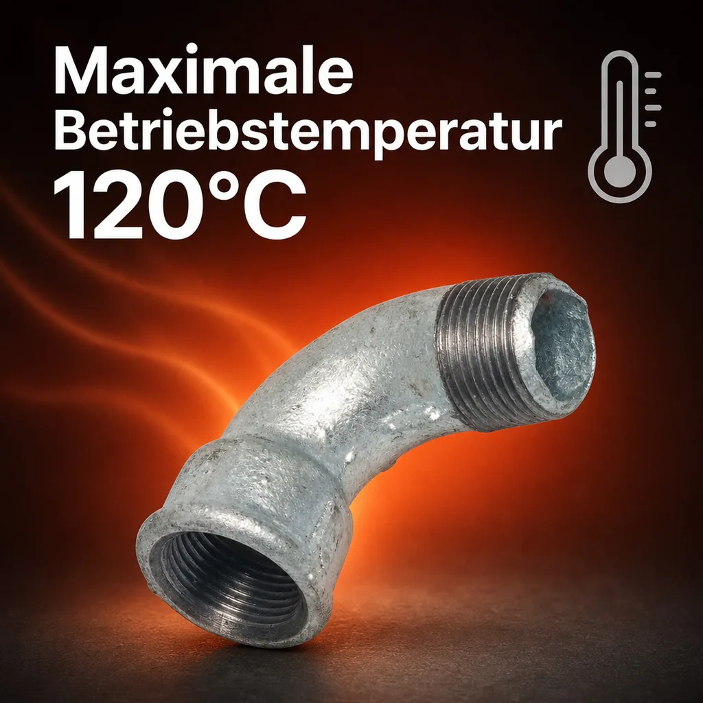 Gewindefitting Temperguss, Bogen 90 Grad kurz, 1 Zoll IG x 1 Zoll AG
