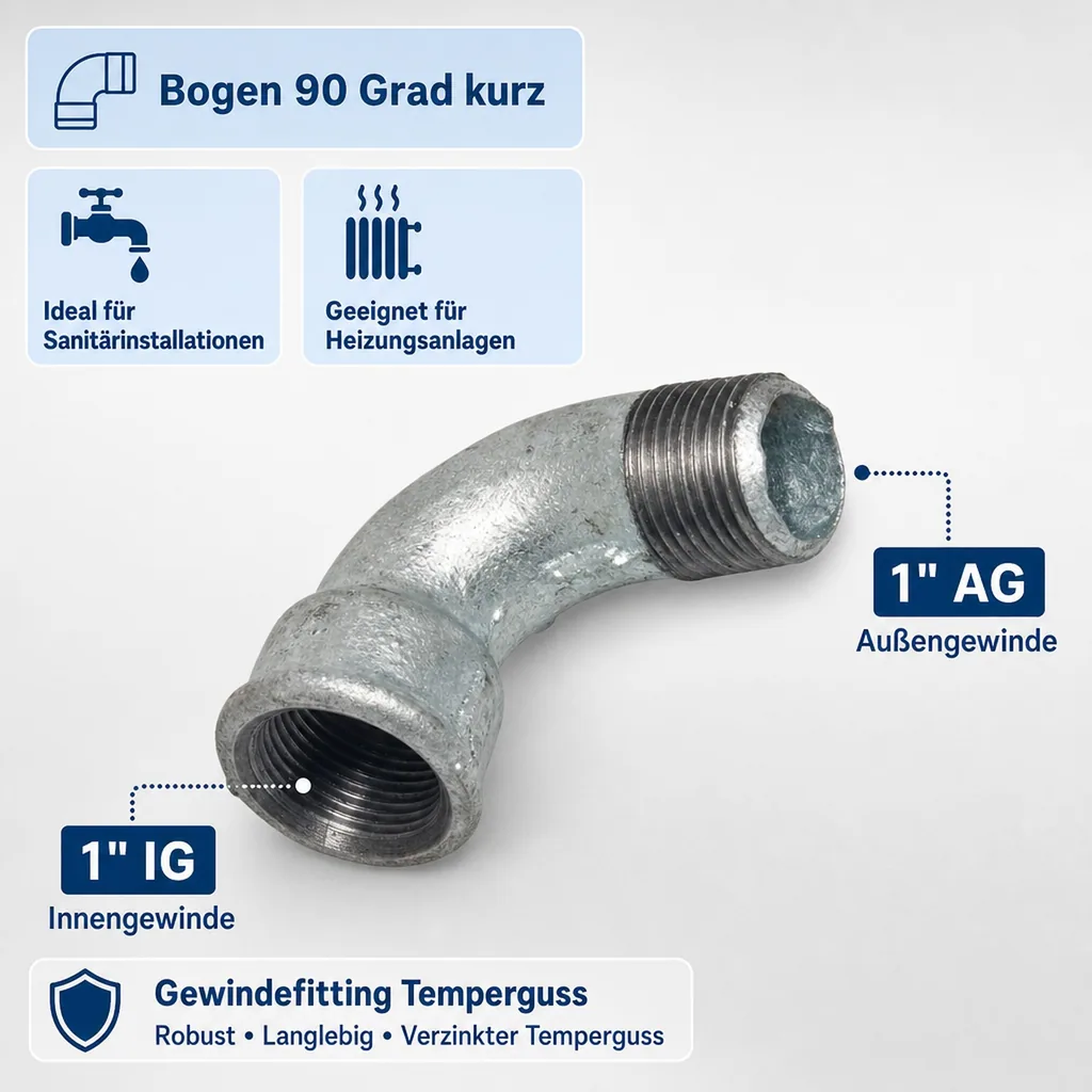 Gewindefitting Temperguss, Bogen 90 Grad kurz, 1 Zoll IG x 1 Zoll AG