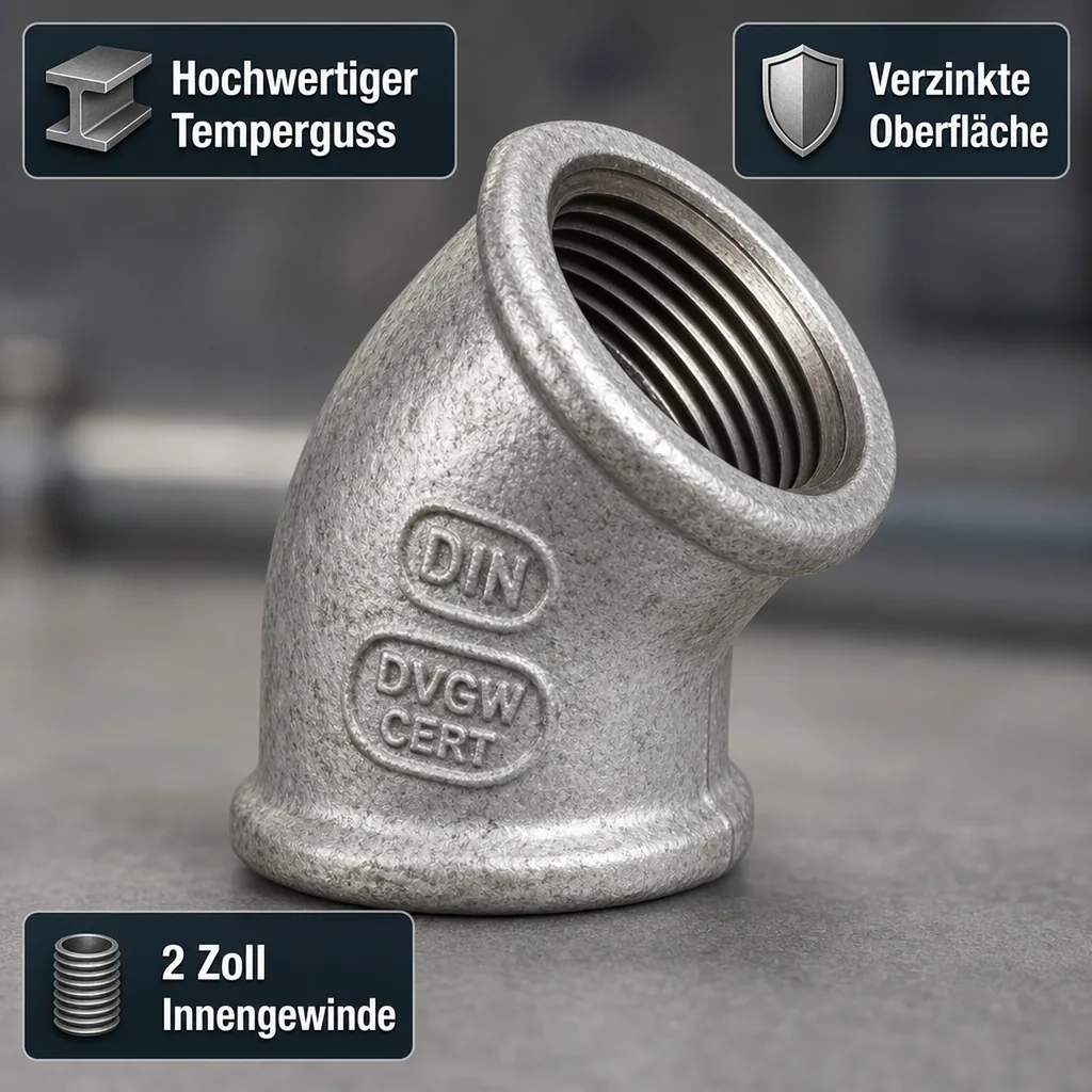 Temperguss Winkel, Gewindefitting, 45 Grad, 2 Zoll, Innengewinde