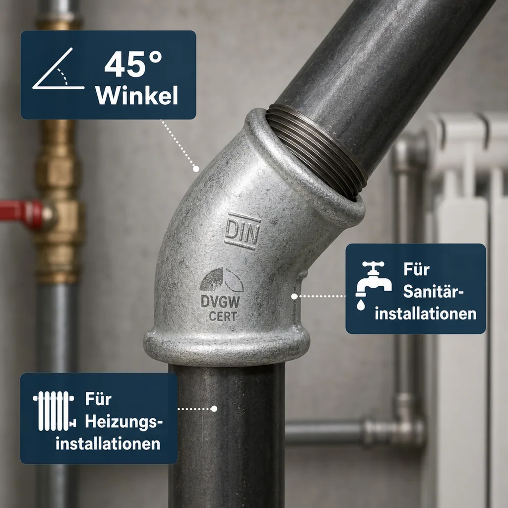 Temperguss Winkel, Gewindefitting, 45 Grad, 2 Zoll, Innengewinde
