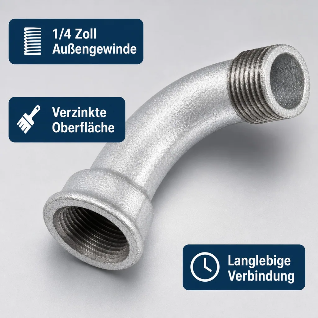Gewindefitting, Temperguss Bogen 90°, 1/4 Zoll IG x 1/4 Zoll AG, Sanitärfitting