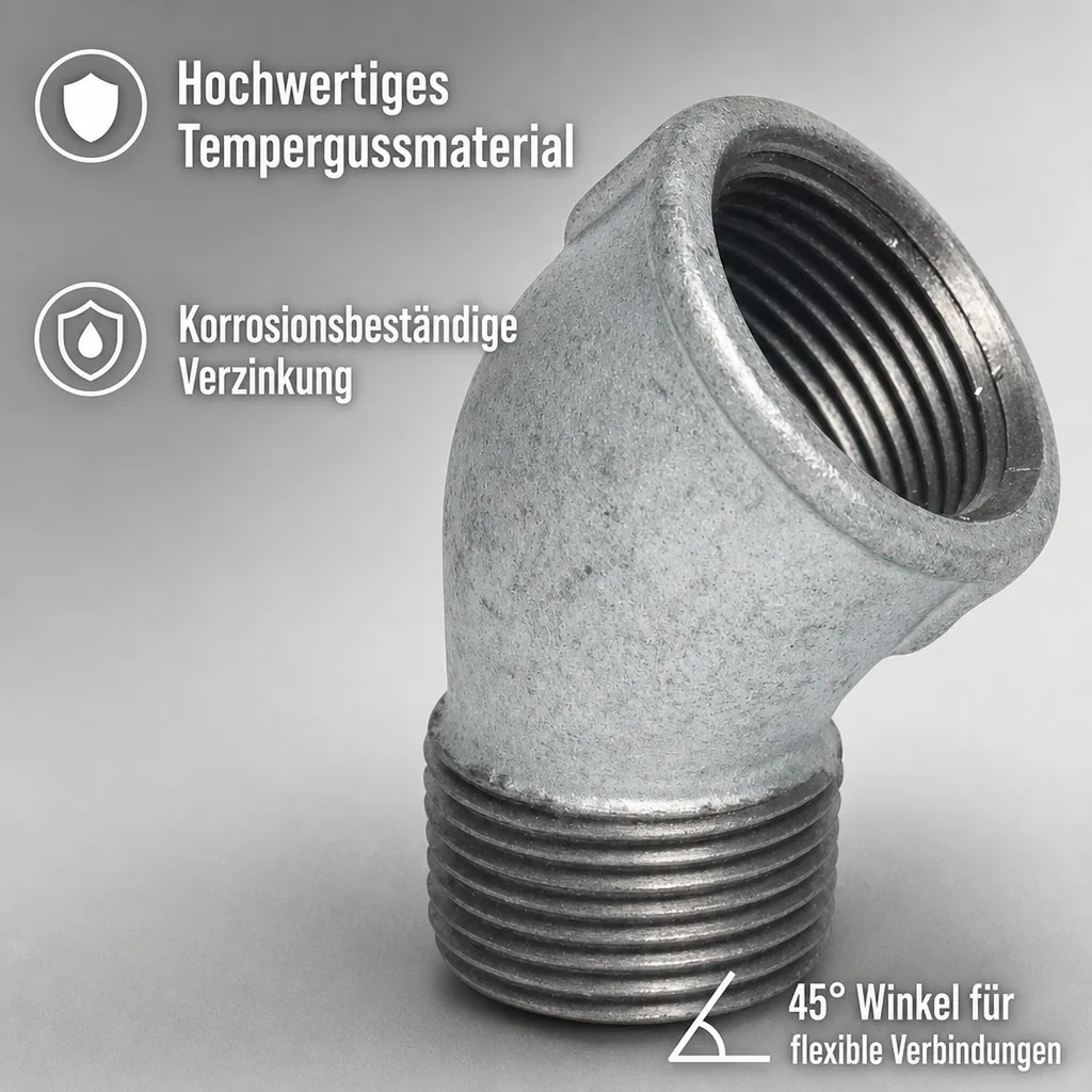 Tempergussfitting, Gewindefitting, Winkel 45°, 1 1/2" IG x AG