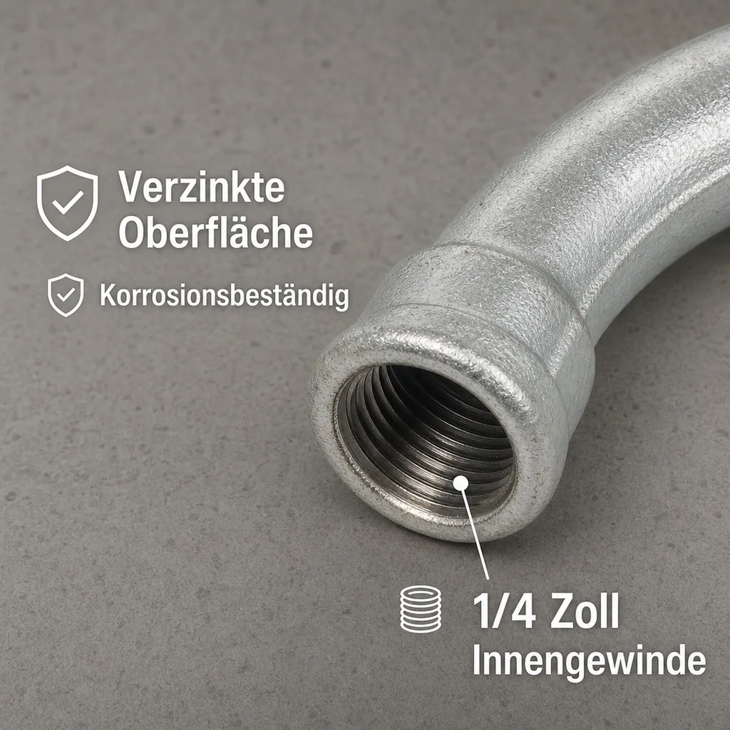 Gewindefitting, Tempergussfitting, Bogen 90 Grad, 1/4 Zoll IG