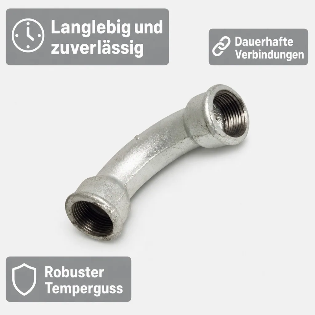 Gewindefitting, Tempergussfitting, Bogen 90 Grad, 1/4 Zoll IG