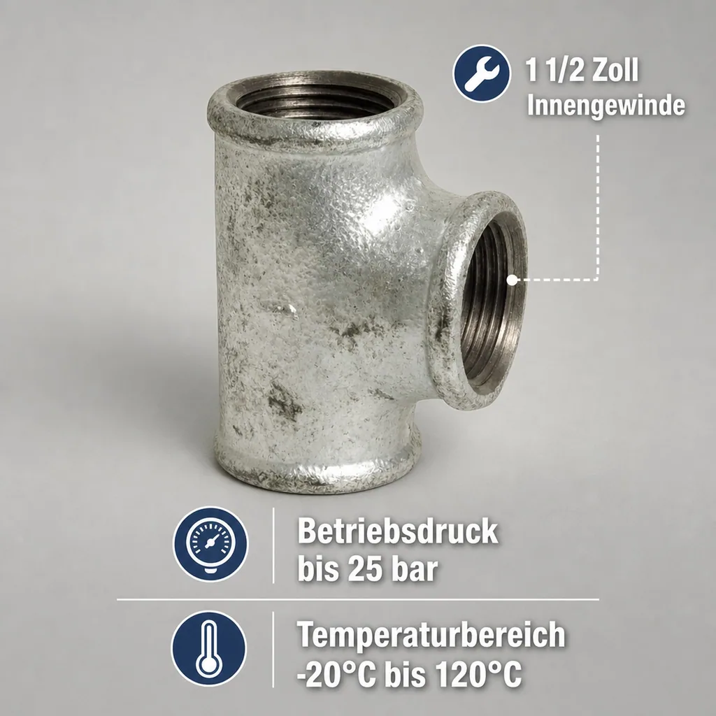 T Stück Temperguss, Gewindefitting, 1 1/2 Zoll Innengewinde