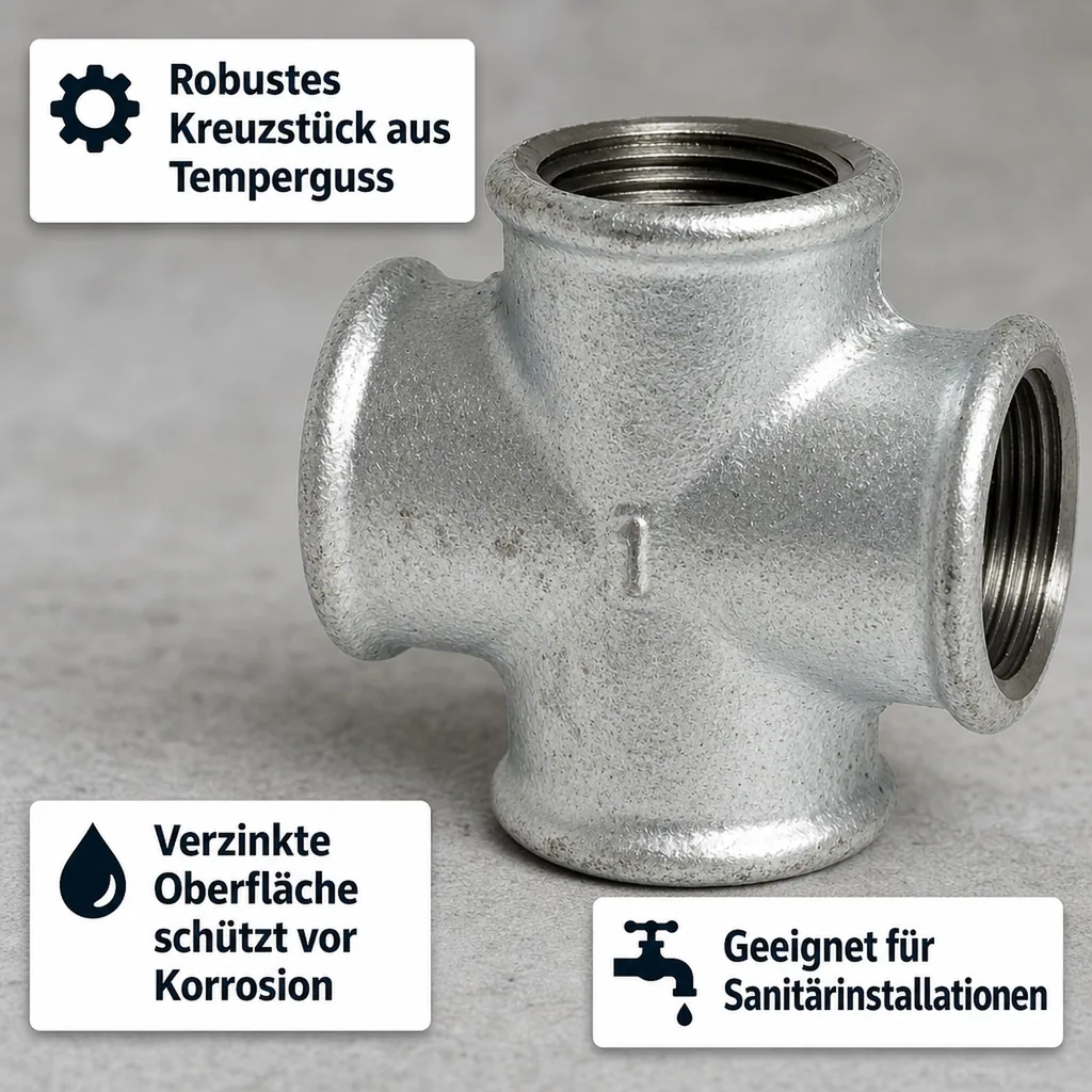 Gewindefitting, Tempergussfitting, Kreuzstück 2 Zoll IG, Rohrverbinder