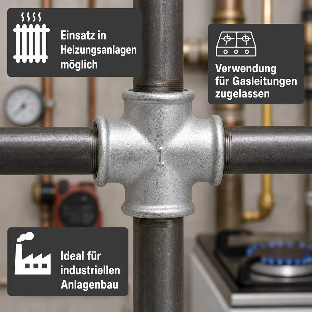 Gewindefitting, Tempergussfitting, Kreuzstück 2 Zoll IG, Rohrverbinder