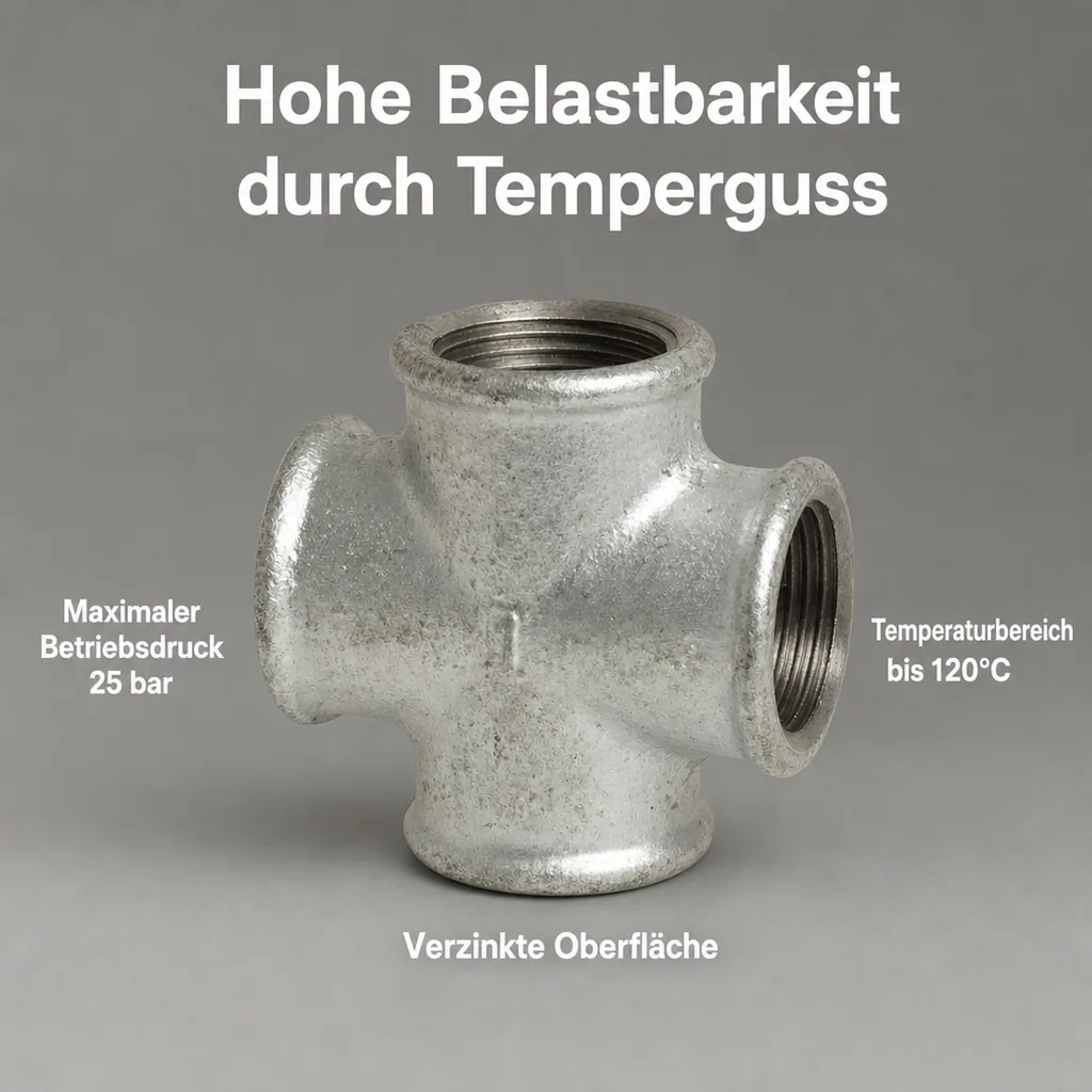 Gewindefitting, Tempergussfitting, Kreuzstück 2 Zoll IG, Rohrverbinder