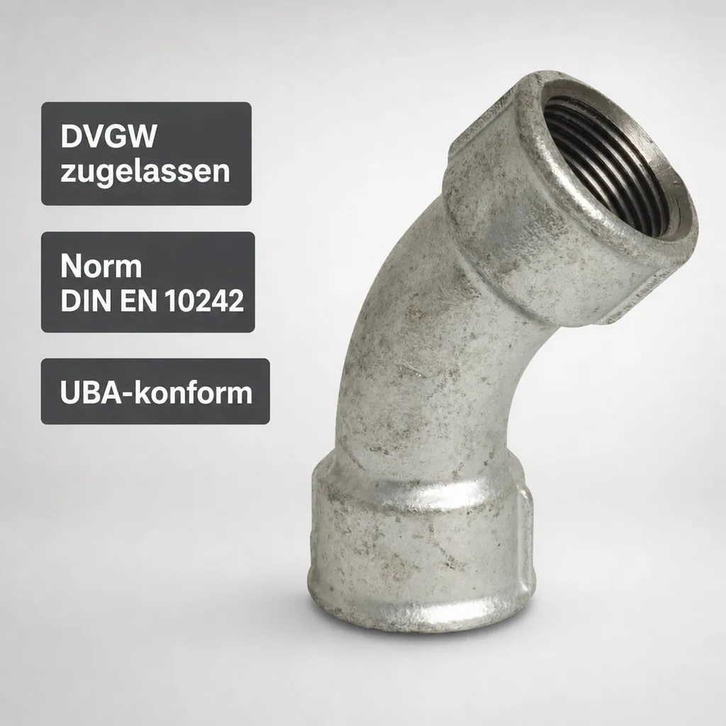 Gewindefitting Temperguss Bogen 45° 1 1/4" IG x 1 1/4" IG