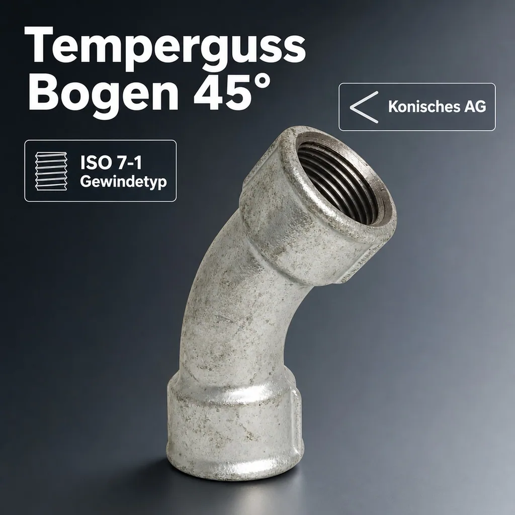 Gewindefitting Temperguss Bogen 45° 1 1/4" IG x 1 1/4" IG