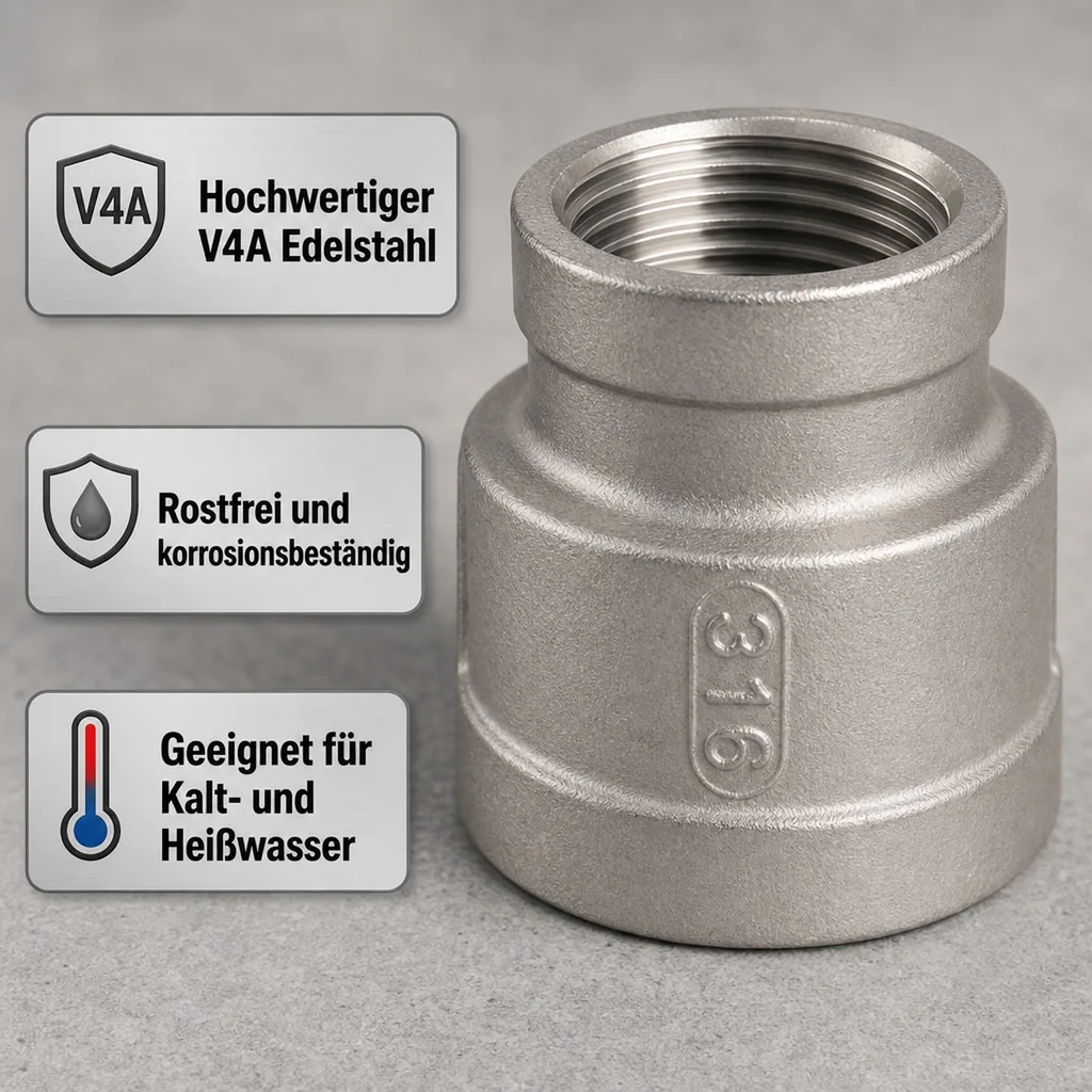 Edelstahl Reduziermuffe, Gewindefitting, 1 1/4" IG x 1" IG, V4A
