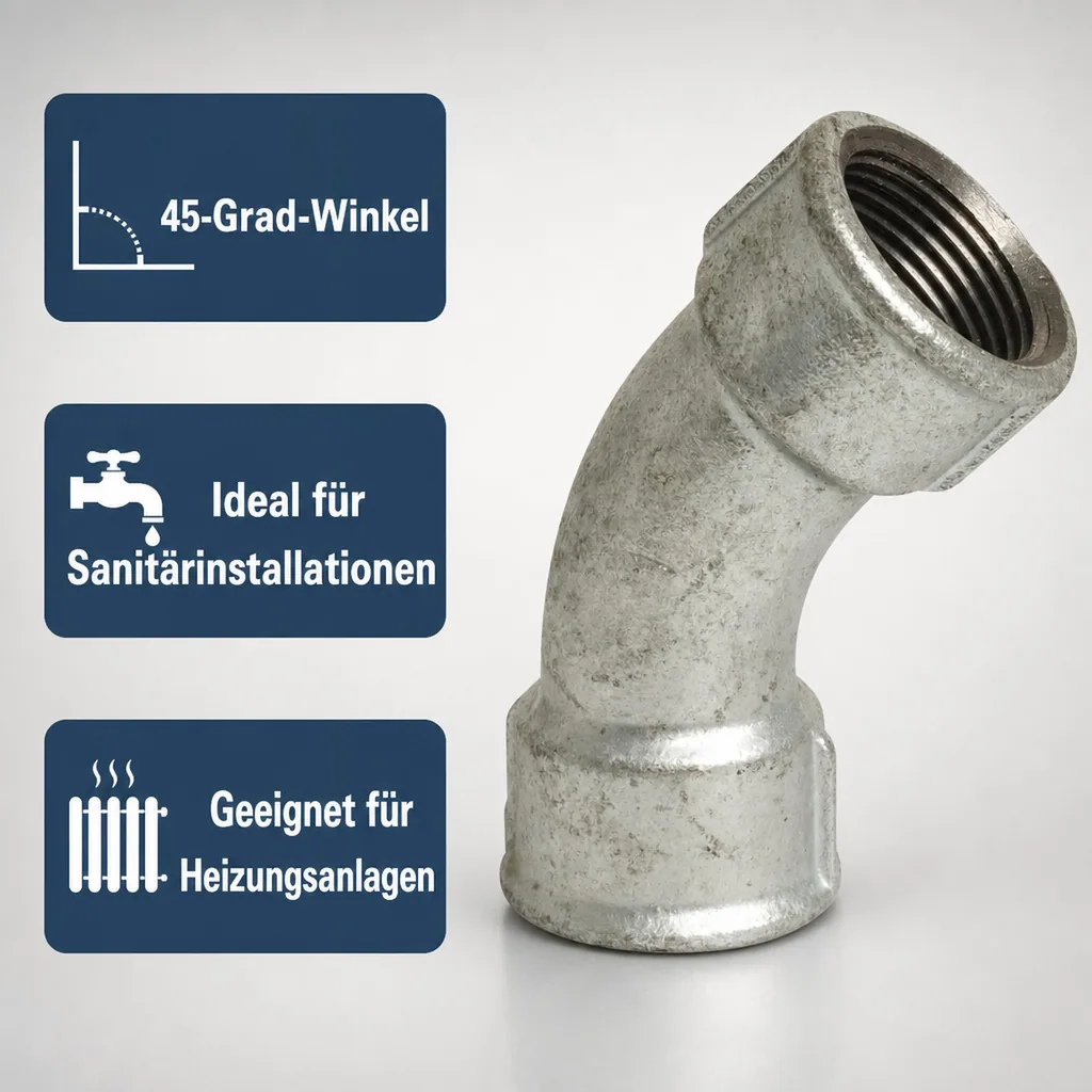 Gewindefitting 2 Zoll, Temperguss Fitting, Bogen 45 Grad, IG x IG