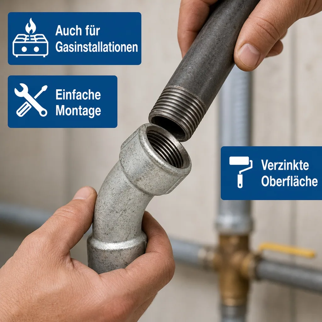 Gewindefitting 2 Zoll, Temperguss Fitting, Bogen 45 Grad, IG x IG
