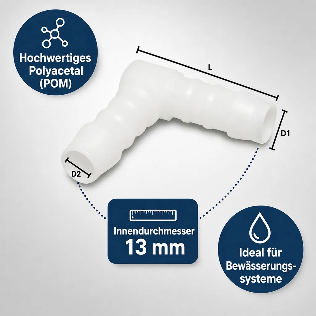 Schlauchverbinder 13mm, Winkelverbinder Kunststoff 90 Grad