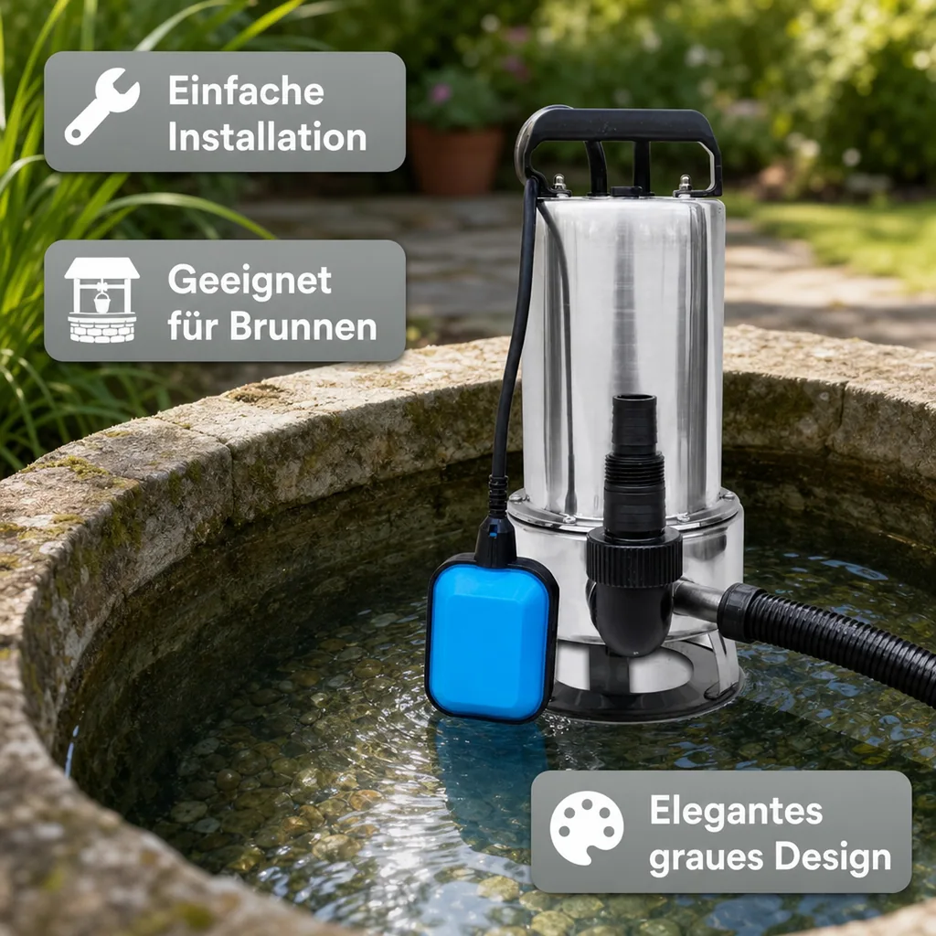 Tauchpumpe, Brunnenpumpe, Unterwasserpumpe 1" x 1 1/2" x 1" Schlauchtülle x Außengewinde x Schlauchtülle, 1,6A, 230VAC, Grau, Typ IP 550 INOX