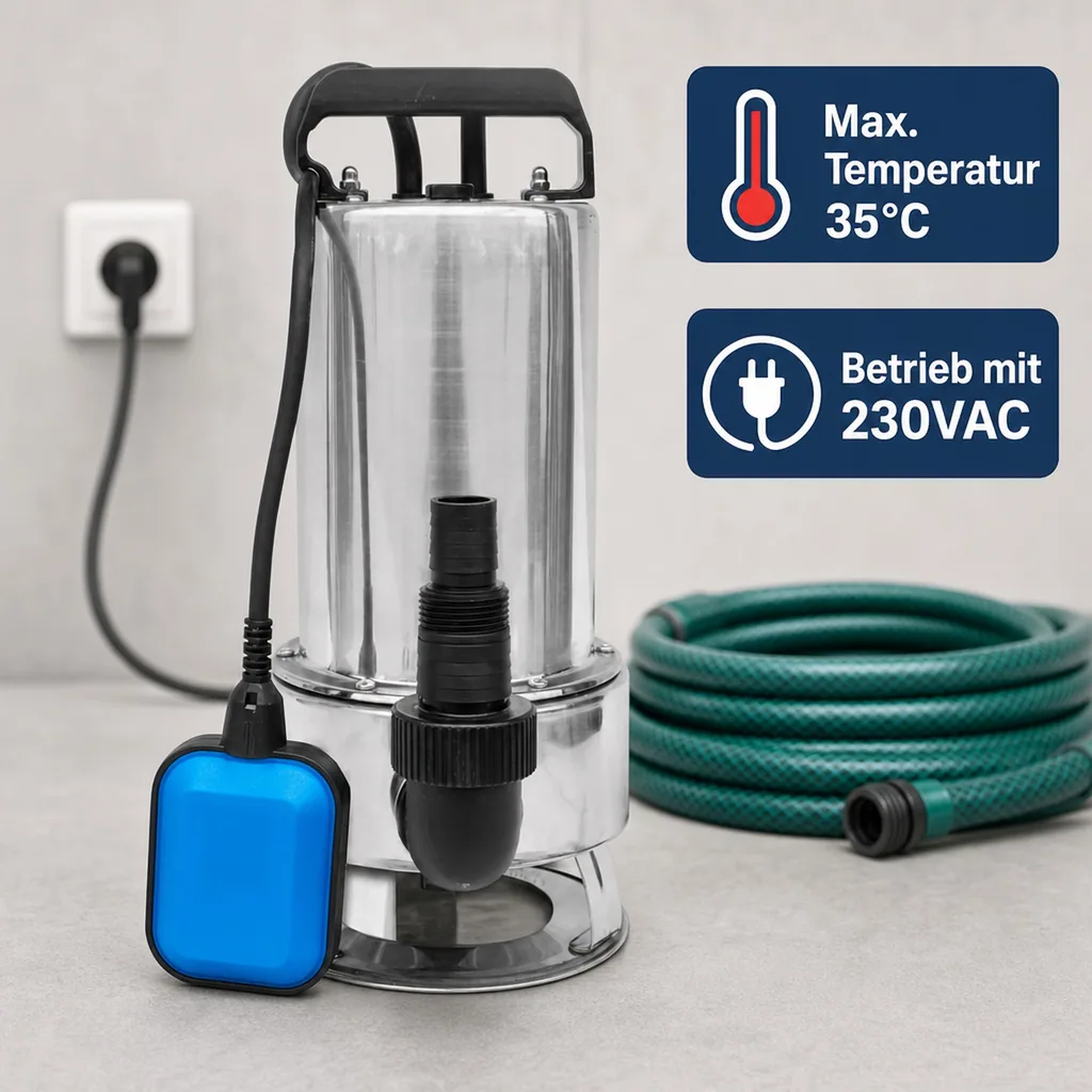 Tauchpumpe, Brunnenpumpe, Unterwasserpumpe 1" x 1 1/2" x 1" Schlauchtülle x Außengewinde x Schlauchtülle, 1,6A, 230VAC, Grau, Typ IP 550 INOX