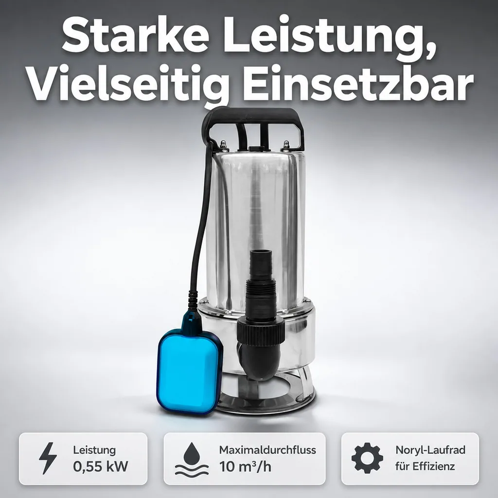 Tauchpumpe, Brunnenpumpe, Unterwasserpumpe 1" x 1 1/2" x 1" Schlauchtülle x Außengewinde x Schlauchtülle, 1,6A, 230VAC, Grau, Typ IP 550 INOX
