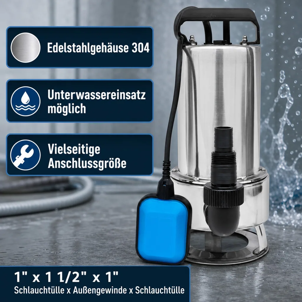 Tauchpumpe, Brunnenpumpe, Unterwasserpumpe 1" x 1 1/2" x 1" Schlauchtülle x Außengewinde x Schlauchtülle, 1,6A, 230VAC, Grau, Typ IP 550 INOX