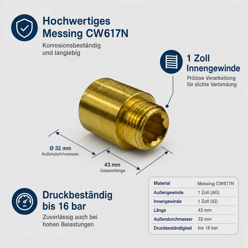 Gewindefitting Messing Hahnverlängerung 1" AG x 1" IG 20 mm