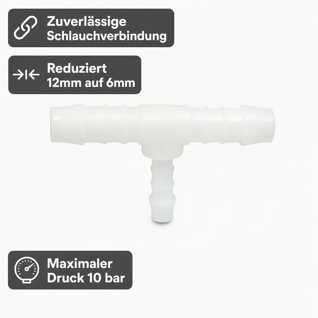 Schlauchverbinder T-Stück reduziert 12mm, Kunststoffverbinder