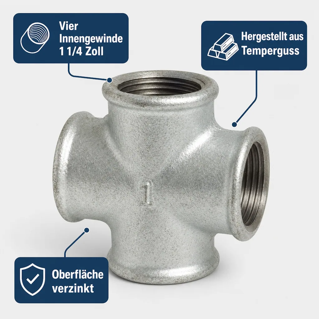 Gewindefitting Temperguss Kreuzstück 1 1/4" IG x 1 1/4" IG x 1 1/4" IG x 1 1/4" IG