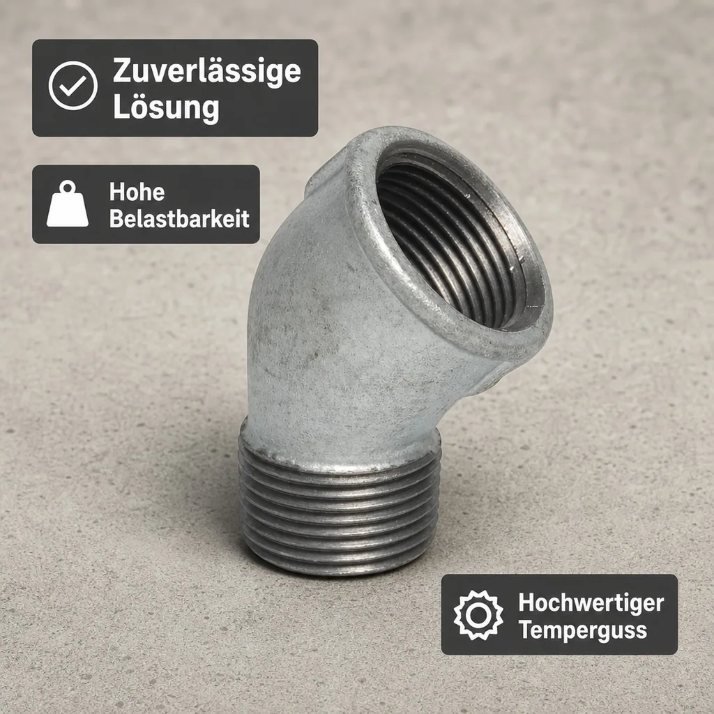 Gewindefitting Temperguss 45° Winkel, 1/2 Zoll IG x 1/2 Zoll AG