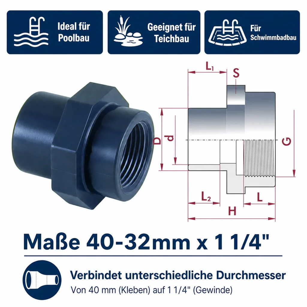 PVC Fitting, Übergangsmuffe, 40-32mm x 1 1/4", PN10, Klebemuffe, PVC-U