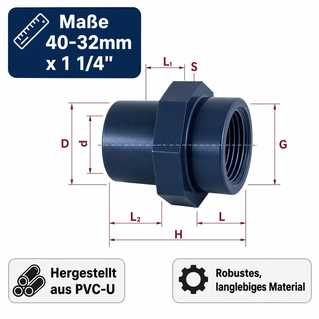 PVC Fitting, Übergangsmuffe, 40-32mm x 1 1/4", PN10, Klebemuffe, PVC-U