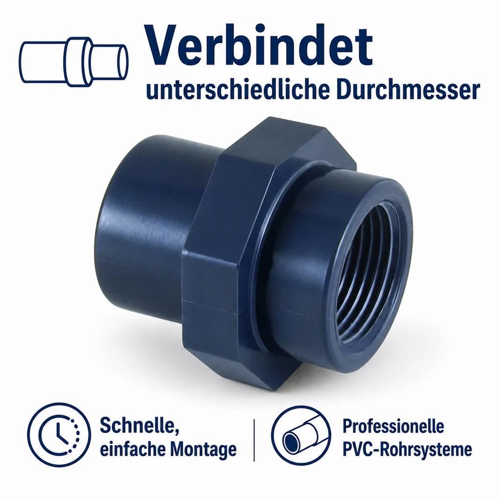 PVC Fitting, Übergangsmuffe, 40-32mm x 1 1/4", PN10, Klebemuffe, PVC-U