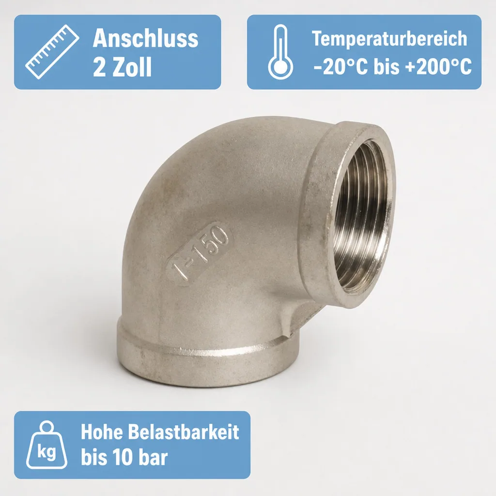 Edelstahl Winkel 90 Grad, Gewindefitting Edelstahl, 2" IG, V4A Winkel