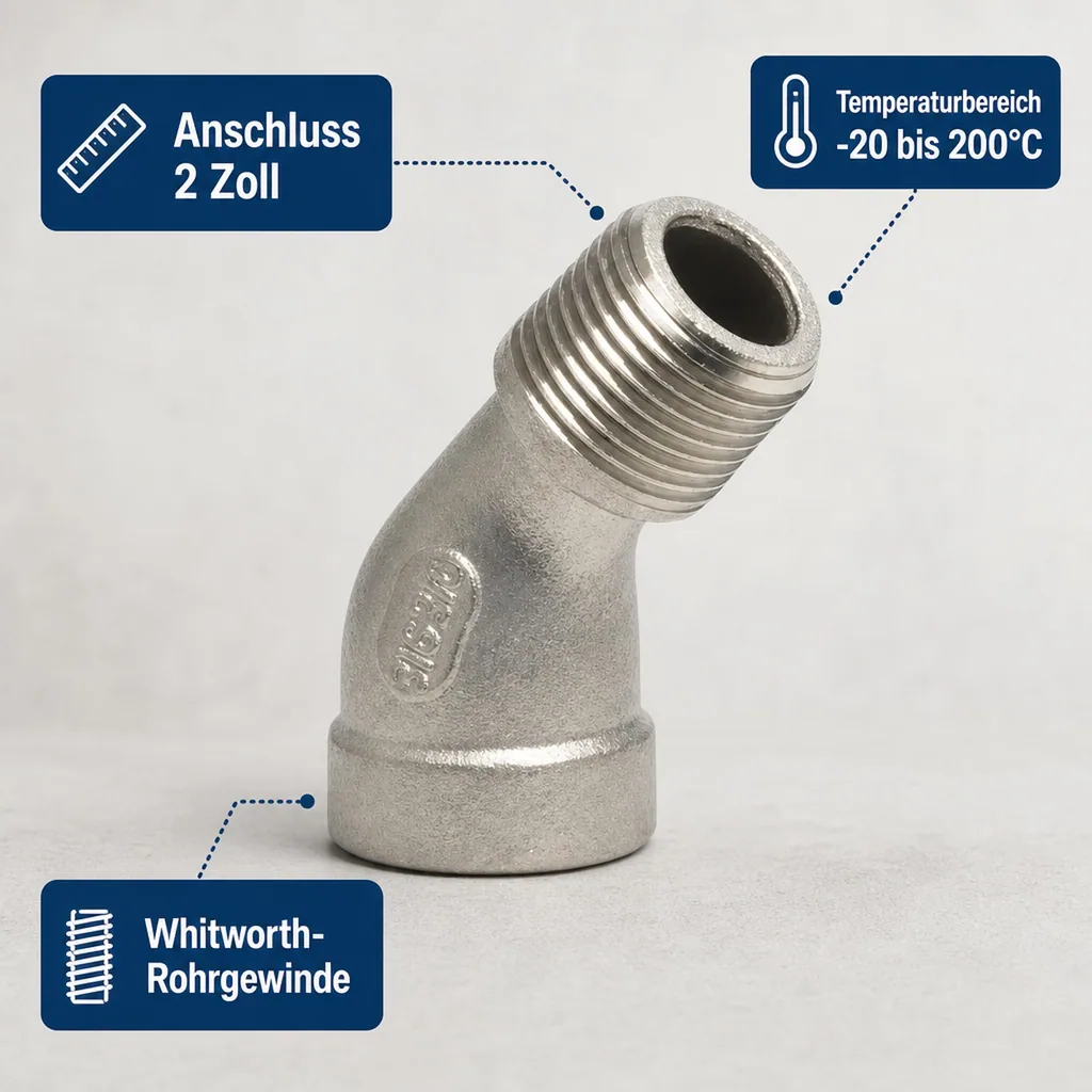 Edelstahl Winkel 45 Grad, Gewindefitting 2 Zoll, Edelstahl Winkel IG AG