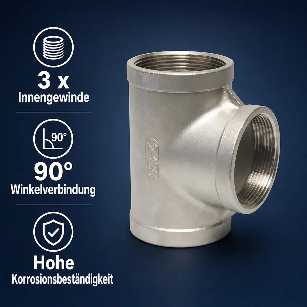Edelstahl T-Stück, Gewindefitting Edelstahl, 1 1/2" IG, 90° Winkel, V4A