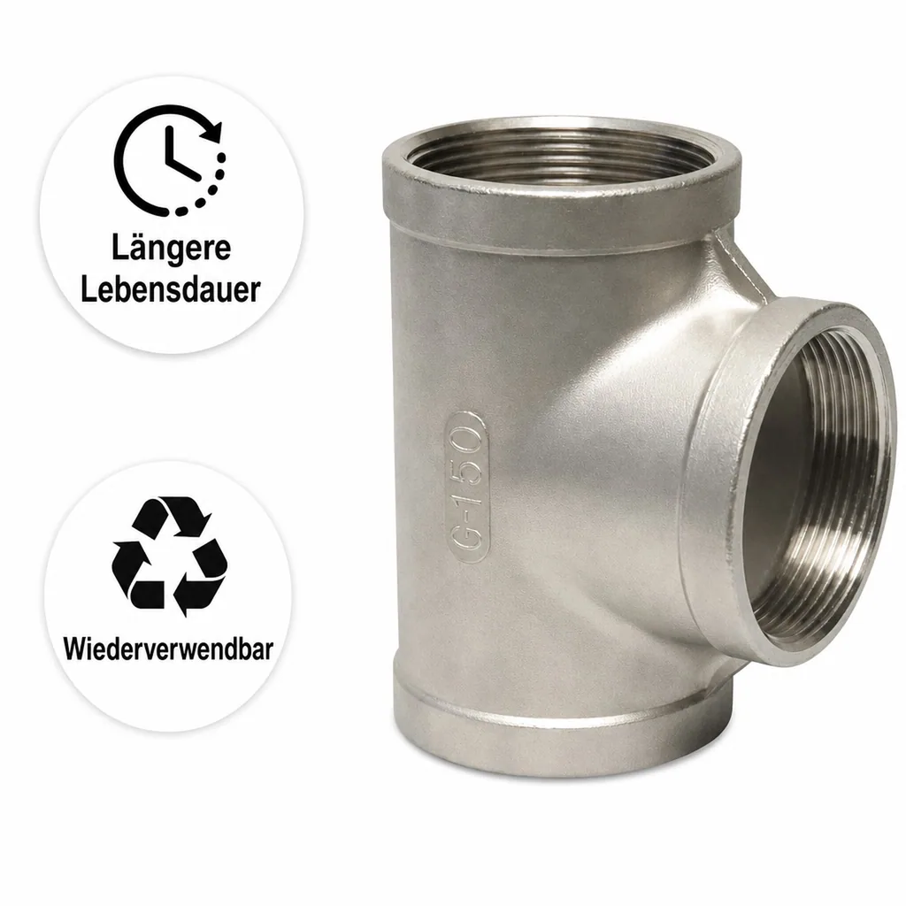 Edelstahl T-Stück, Gewindefitting Edelstahl, 1 1/2" IG, 90° Winkel, V4A