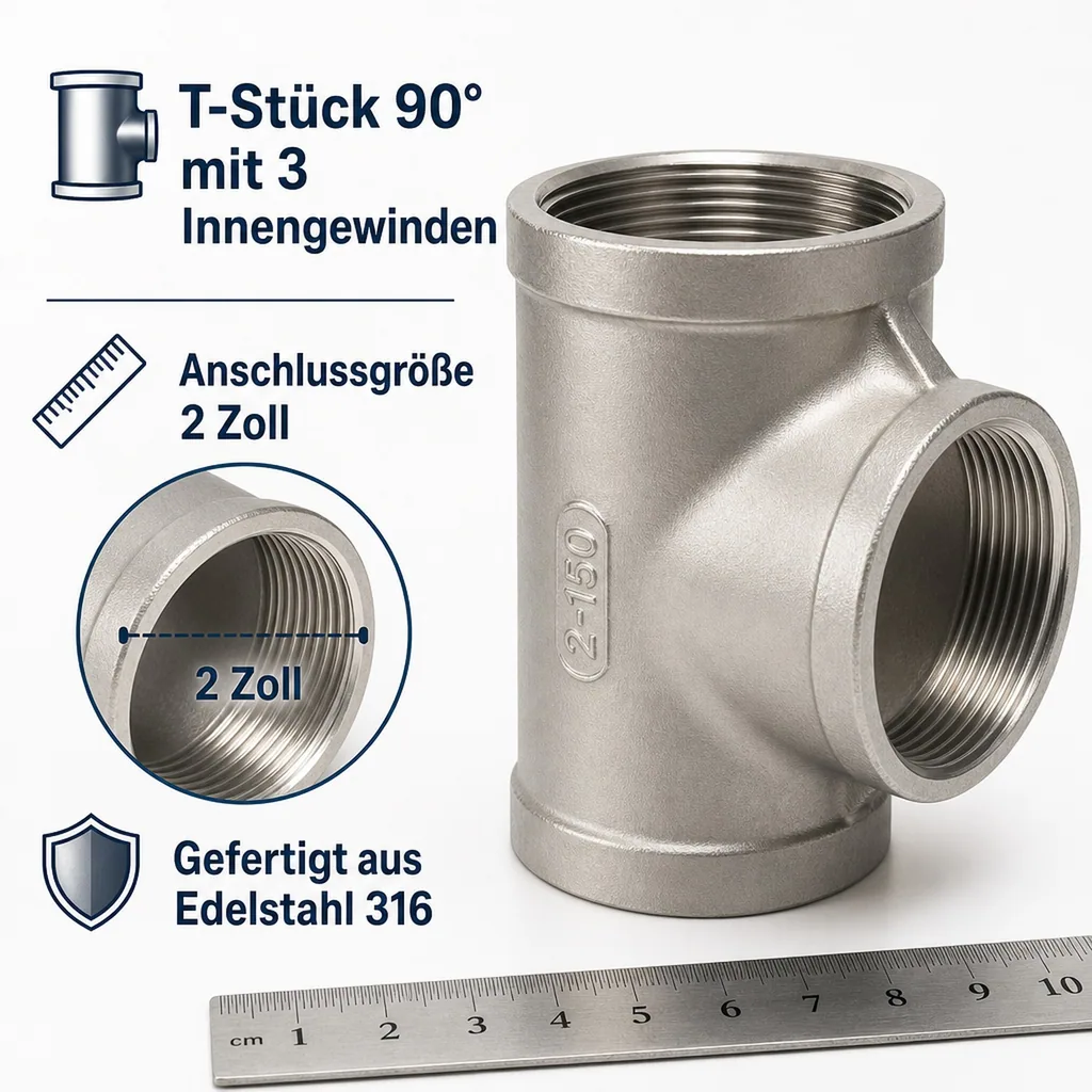 Gewindefitting Edelstahl T-Stück 90° 2" IG