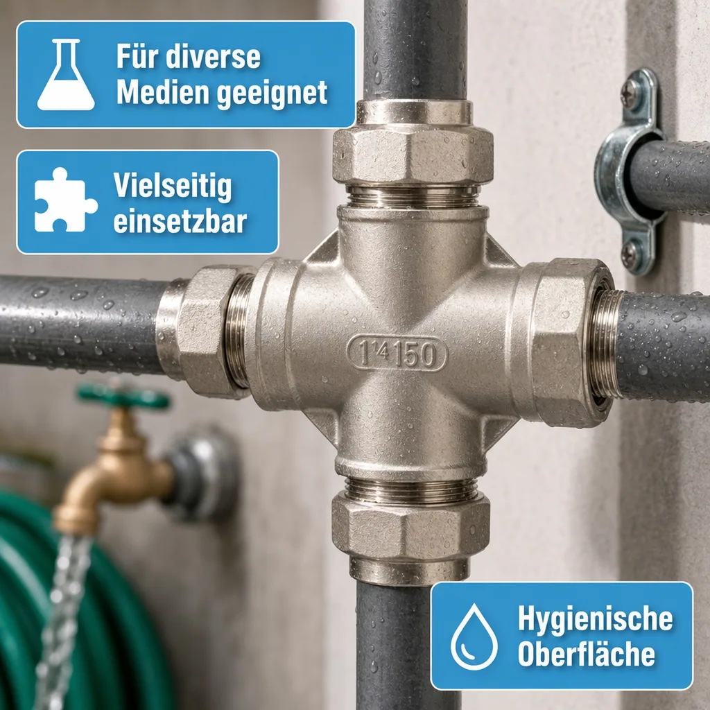 Edelstahlfitting, Gewindefitting Edelstahl, Kreuzstück Edelstahl, V4A Fitting, 1 1/4 Zoll IG