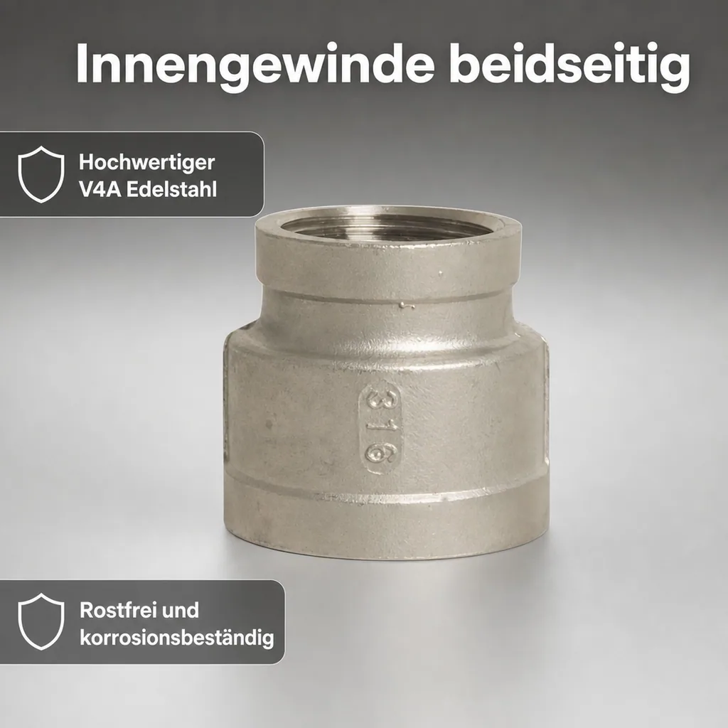 Edelstahl Reduziermuffe, Gewindefitting, 2" IG x 1" IG, V4A, Innengewinde