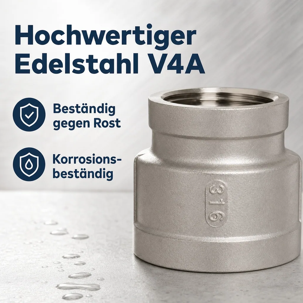 Edelstahl Reduziermuffe, Gewindefitting, 1" IG x 3/4" IG, V4A Muffe