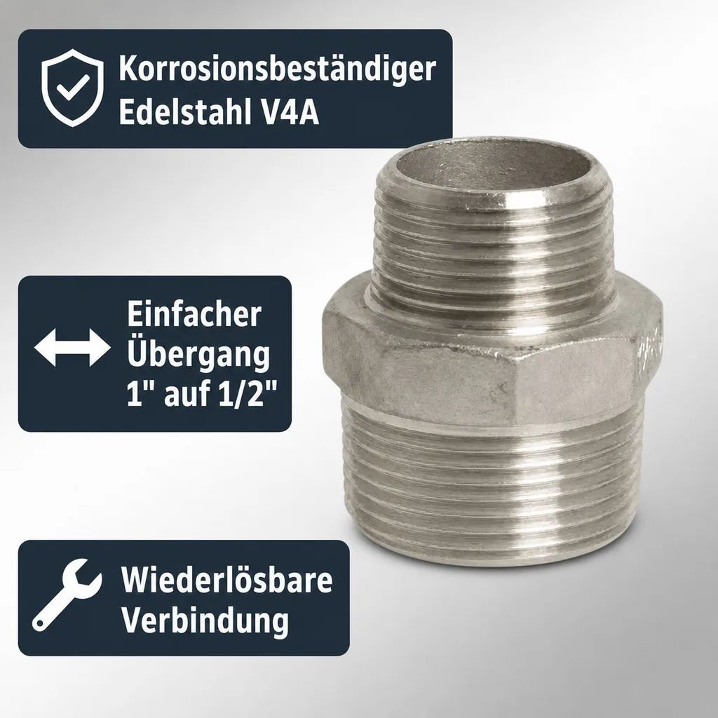 Edelstahl Reduziernippel, Gewindefitting 1" x 1/2"