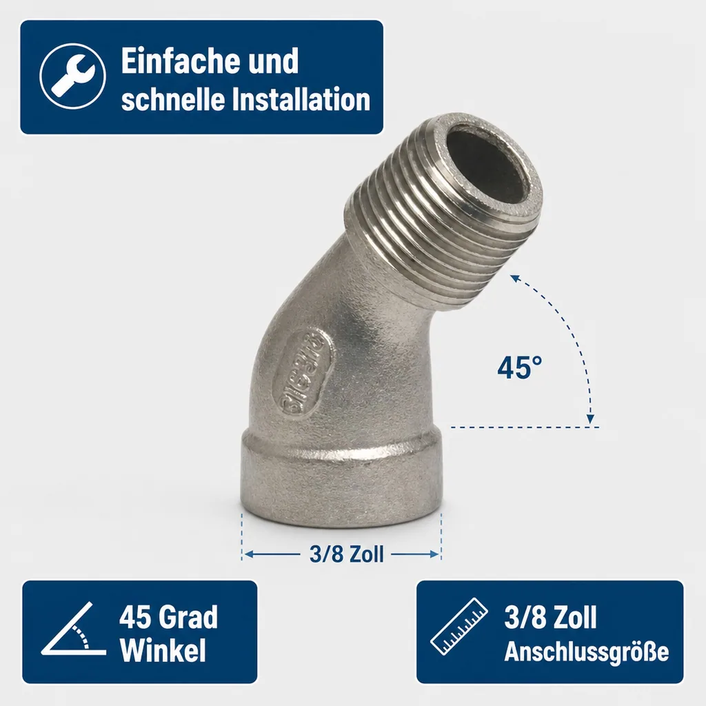 Edelstahl Winkel, Gewindefitting Edelstahl, 45 Grad, 3/8 Zoll, V4A