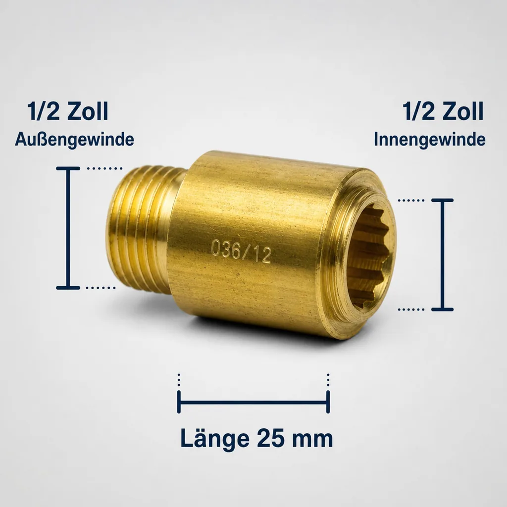 Hahnverlängerung, Gewindefitting Messing, 1/2 Zoll AG x 1/2 Zoll IG, 25 mm