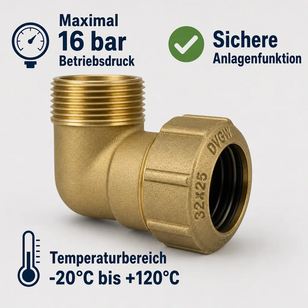 PE Rohr Verschraubung, Messing, 90° Winkel, AG 32mm x 1 Zoll