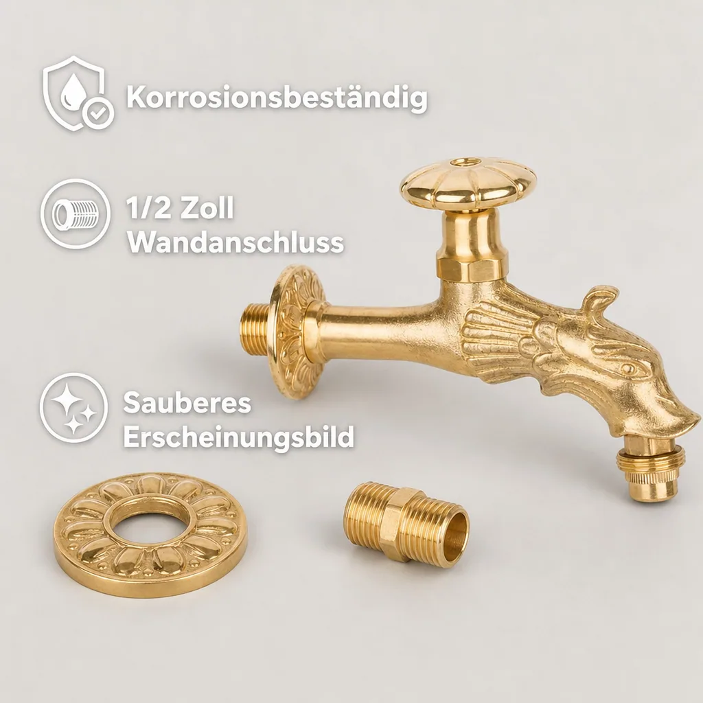 Auslaufventil Nostalgie Drachenkopf, Handrad, 1/2 Zoll, Messing poliert