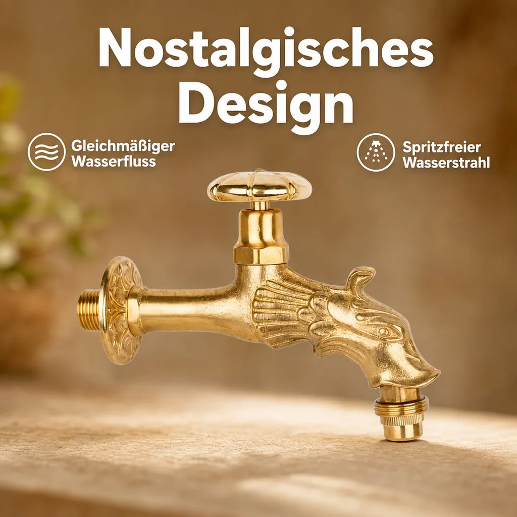Auslaufventil Nostalgie Drachenkopf, Handrad, 1/2 Zoll, Messing poliert