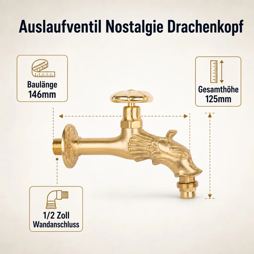 Auslaufventil Nostalgie Drachenkopf, Handrad, 1/2 Zoll, Messing poliert